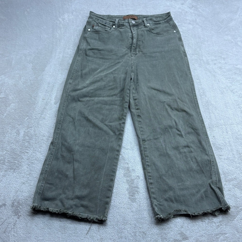 Judy Blue Wide Leg Pants Women's 11/30 Olive Raw Hem Stretch Boho Earthy Relaxed